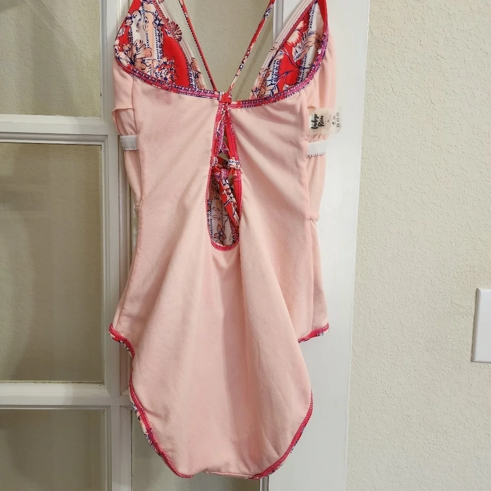 Indigo Rein Floral Lace Up Plunge One Piece Swimsuit Beach Vacation Summer